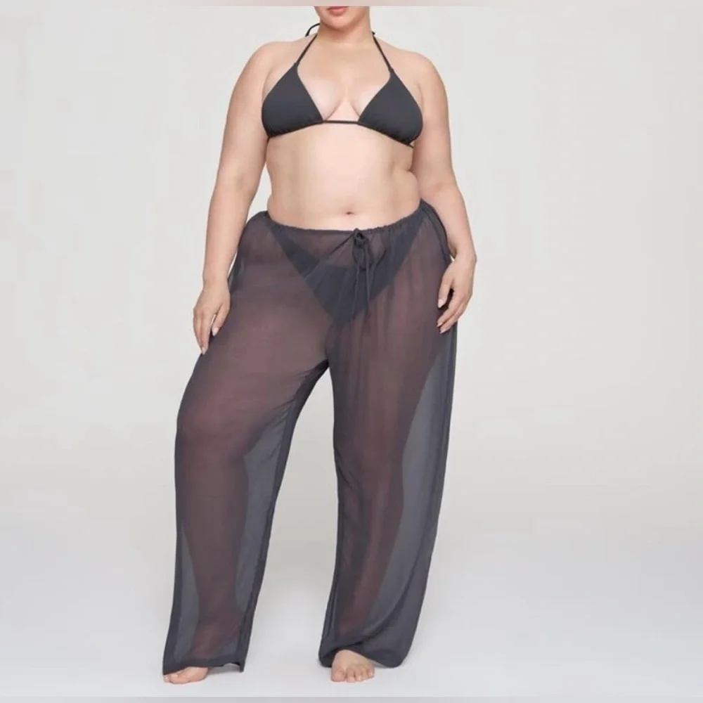 SKIMS 3X Swimwear Crinkle Silk Coverup Pants in Almond Color Sheer Pullon lounge
